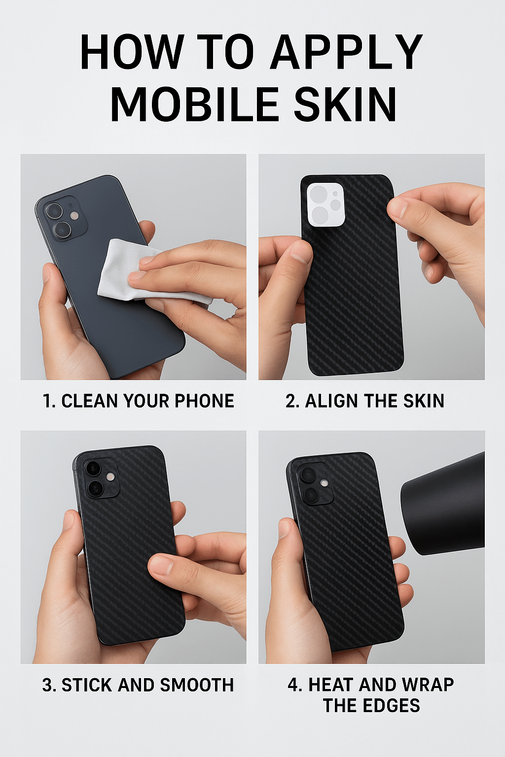 "Step-by-step visual guide on how to apply a mobile skin, showing phone cleaning, skin alignment, smooth application, and heat wrapping for perfect fit."